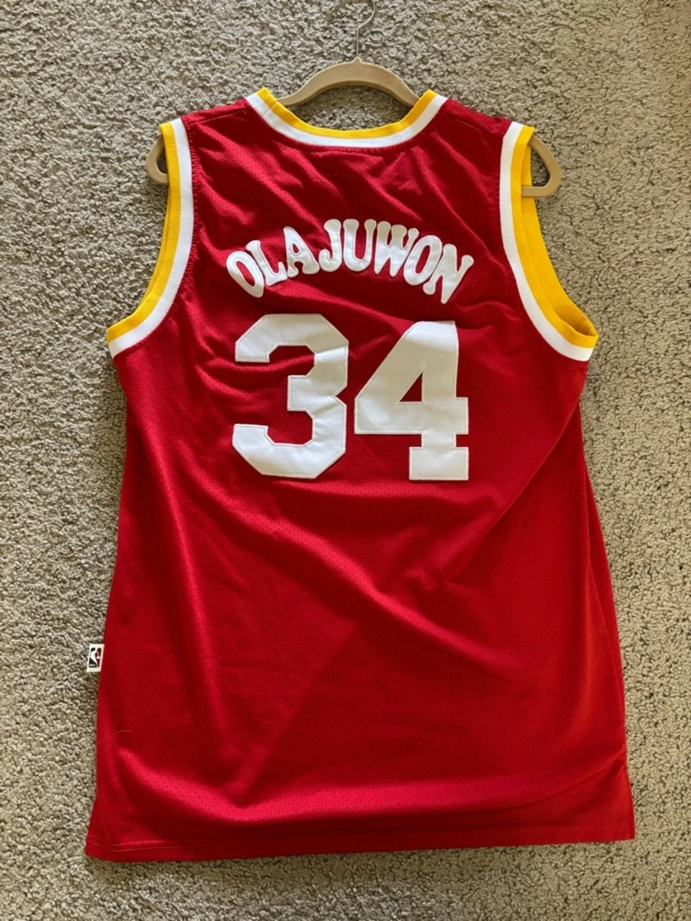 adidas Red Houston #34 Basketball Jersey with Yellow Trim